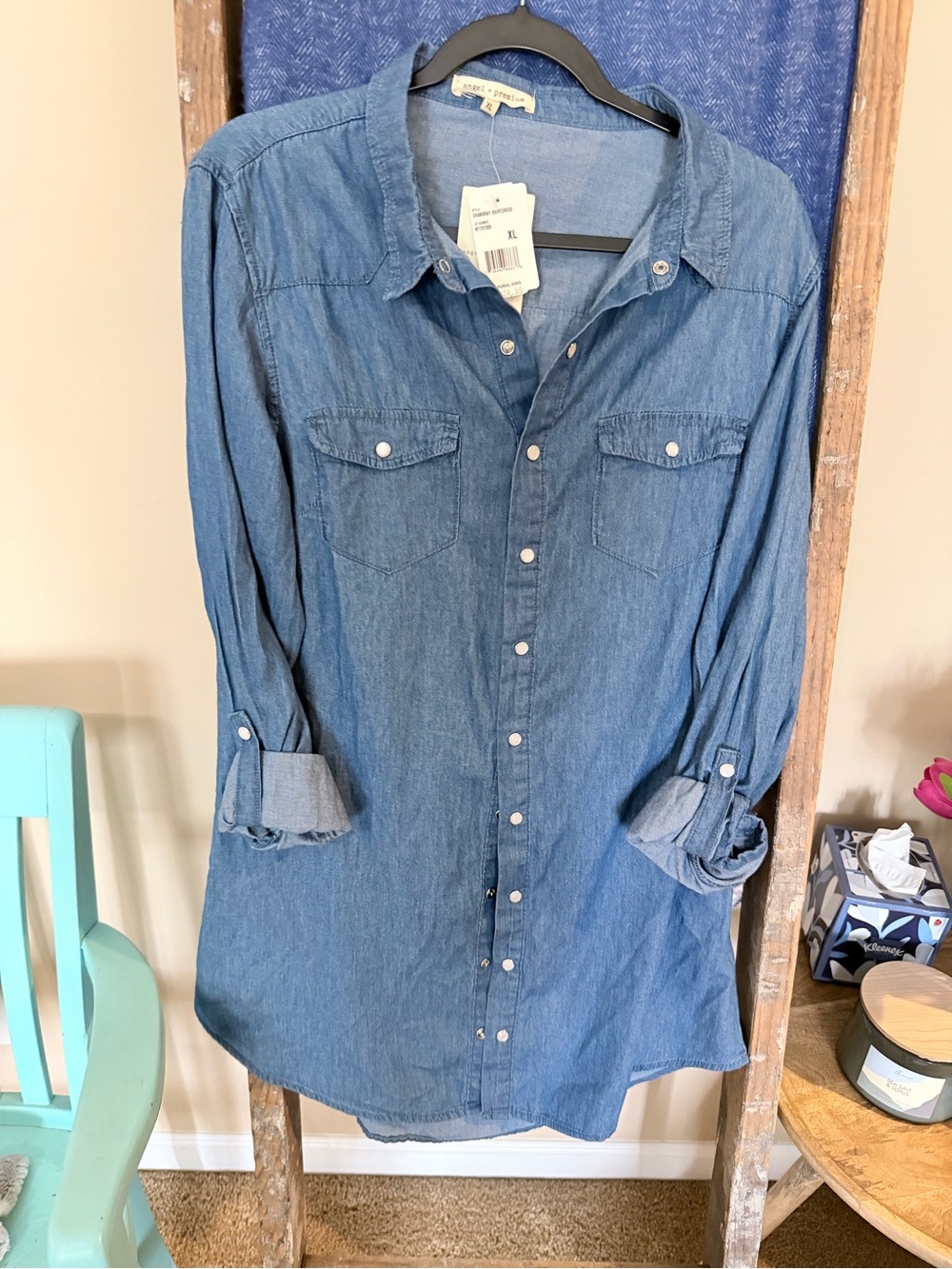 Chambray Denim Snap Front Tunic Shirt Dress - Blue